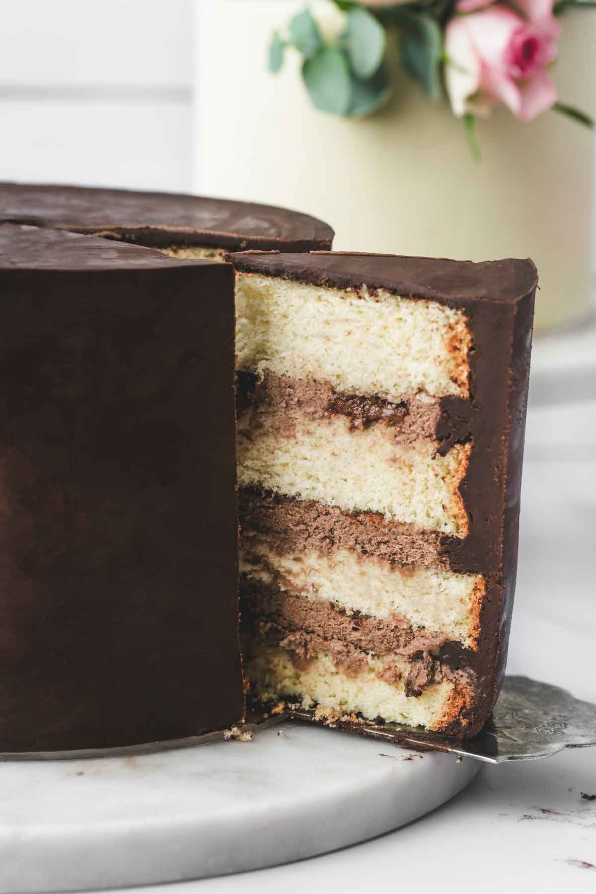 sliced chocolage ganache cake