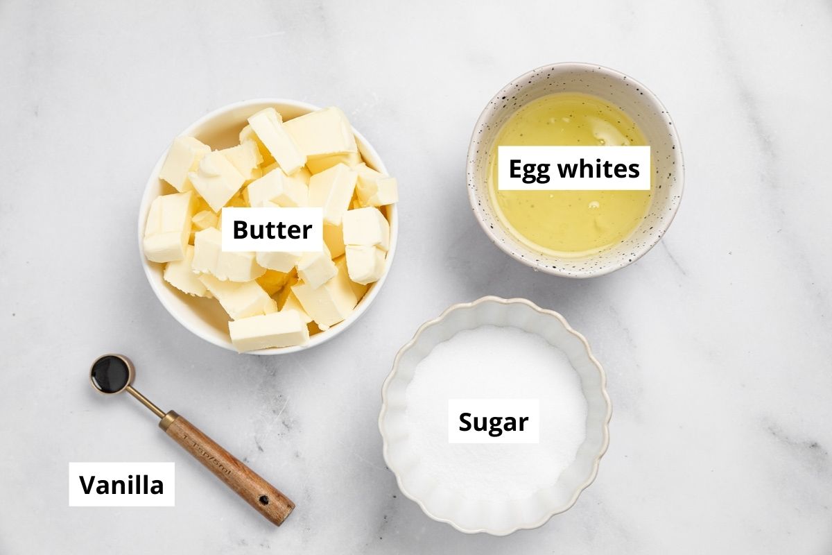 bols with ingredients to make Swiss meringue buttercream frosting