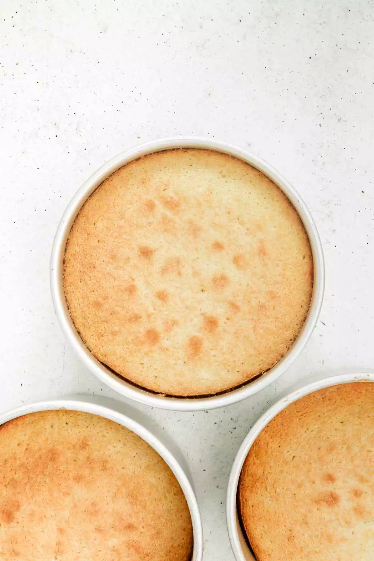 3 cake pans with baked vanilla cakes