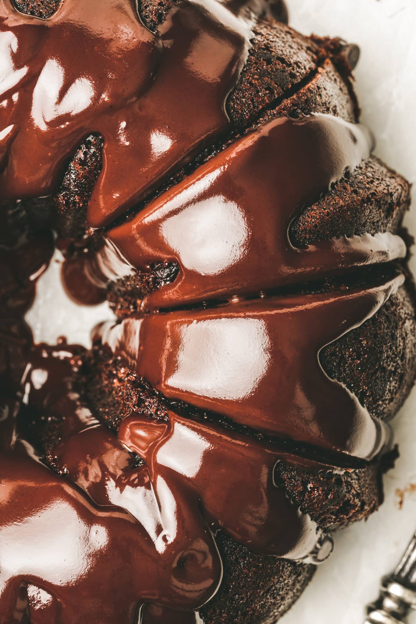 Sliced chocolate chip bundt cake on a plate