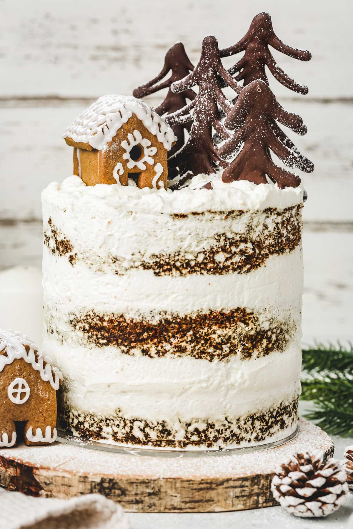 gingerbread cake with mini gingerbread house and chocolate trees