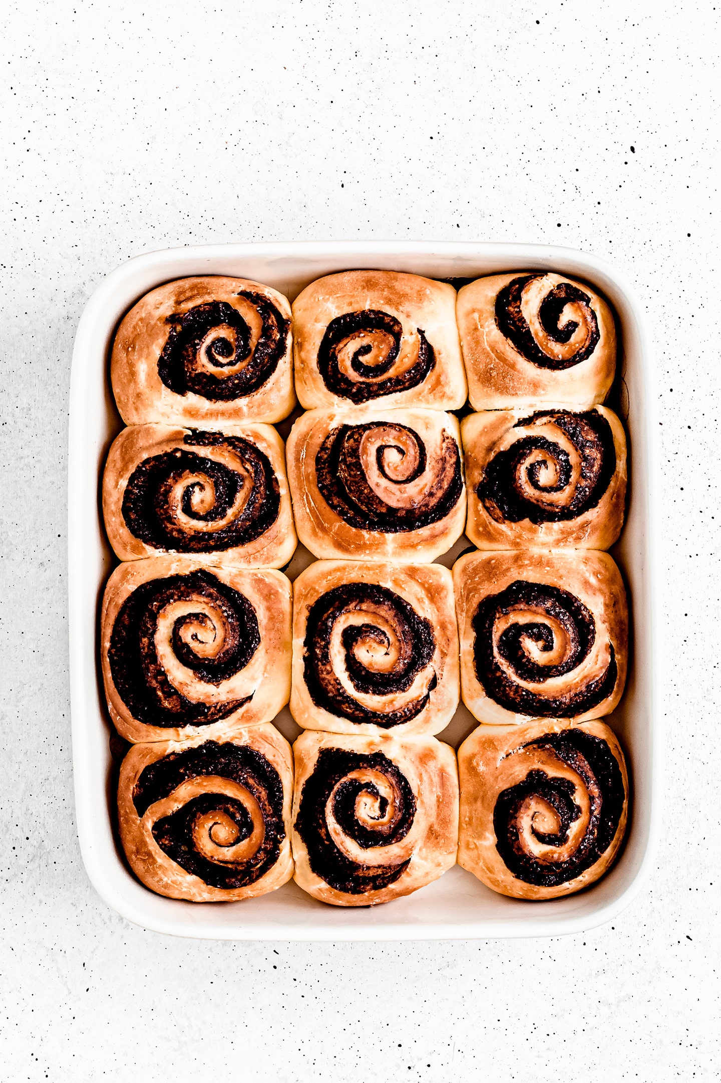 baking dish with baked chocolate rolls