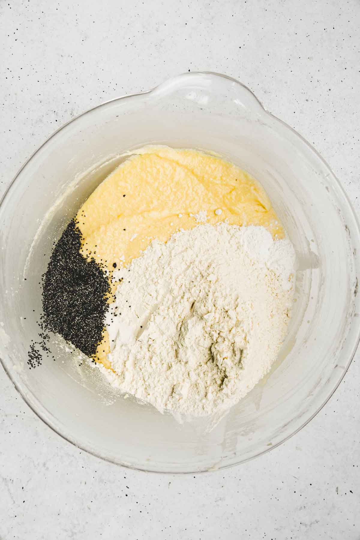 Large bowl with ingredient flour and poppy seeds
