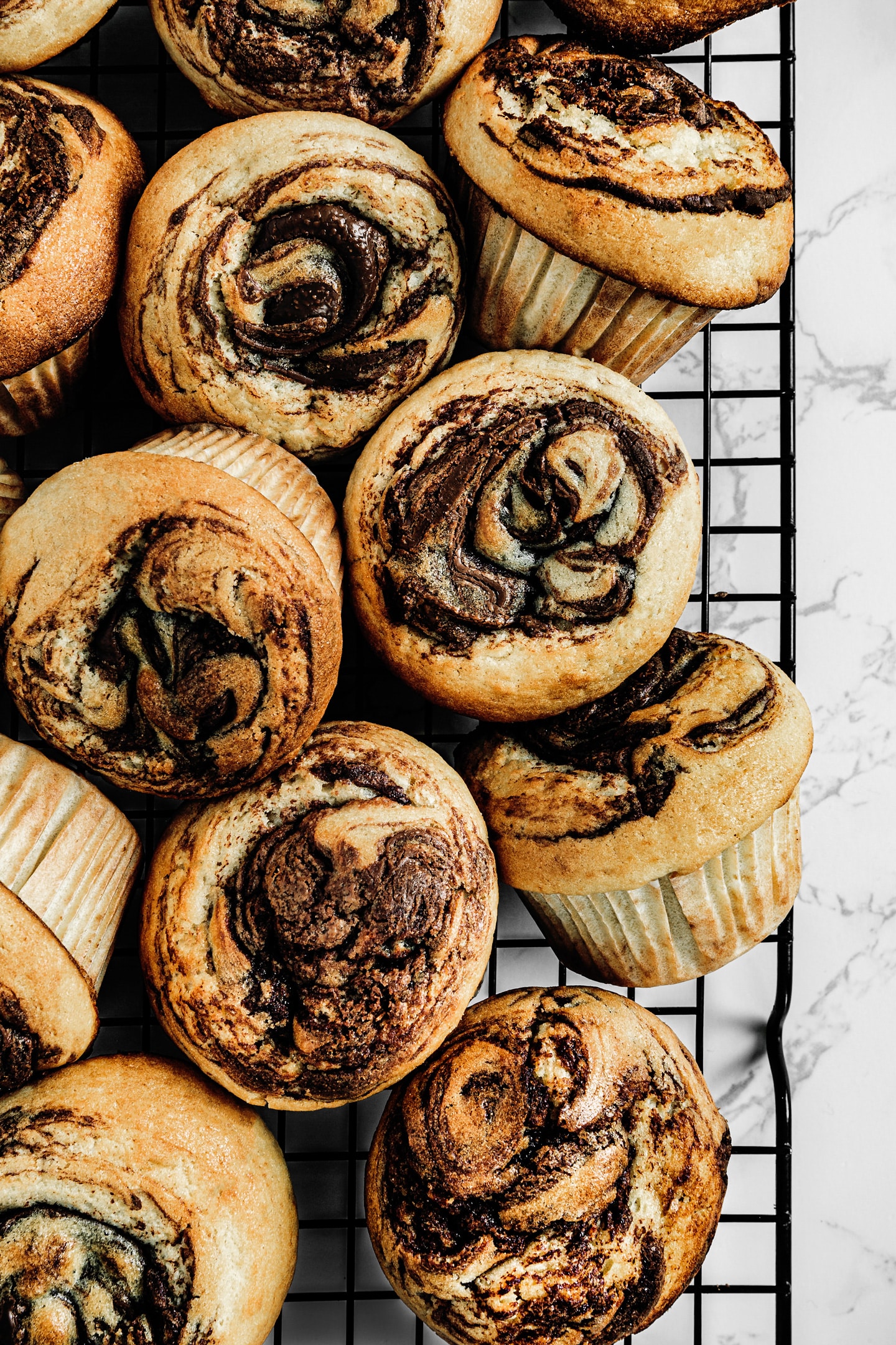 Nutella muffins on a cake rack