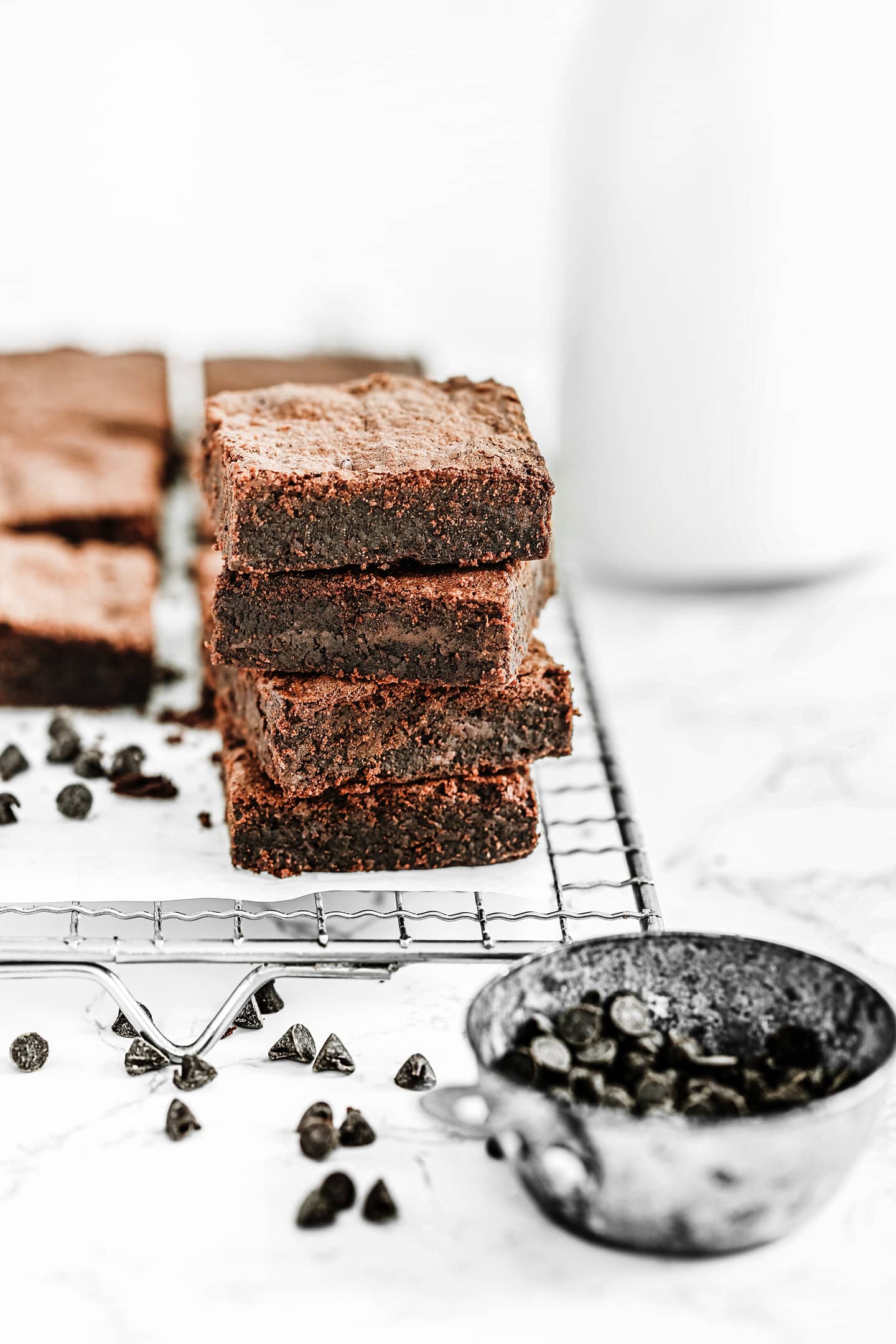 Chocolate chip brownies cut in a wire rack