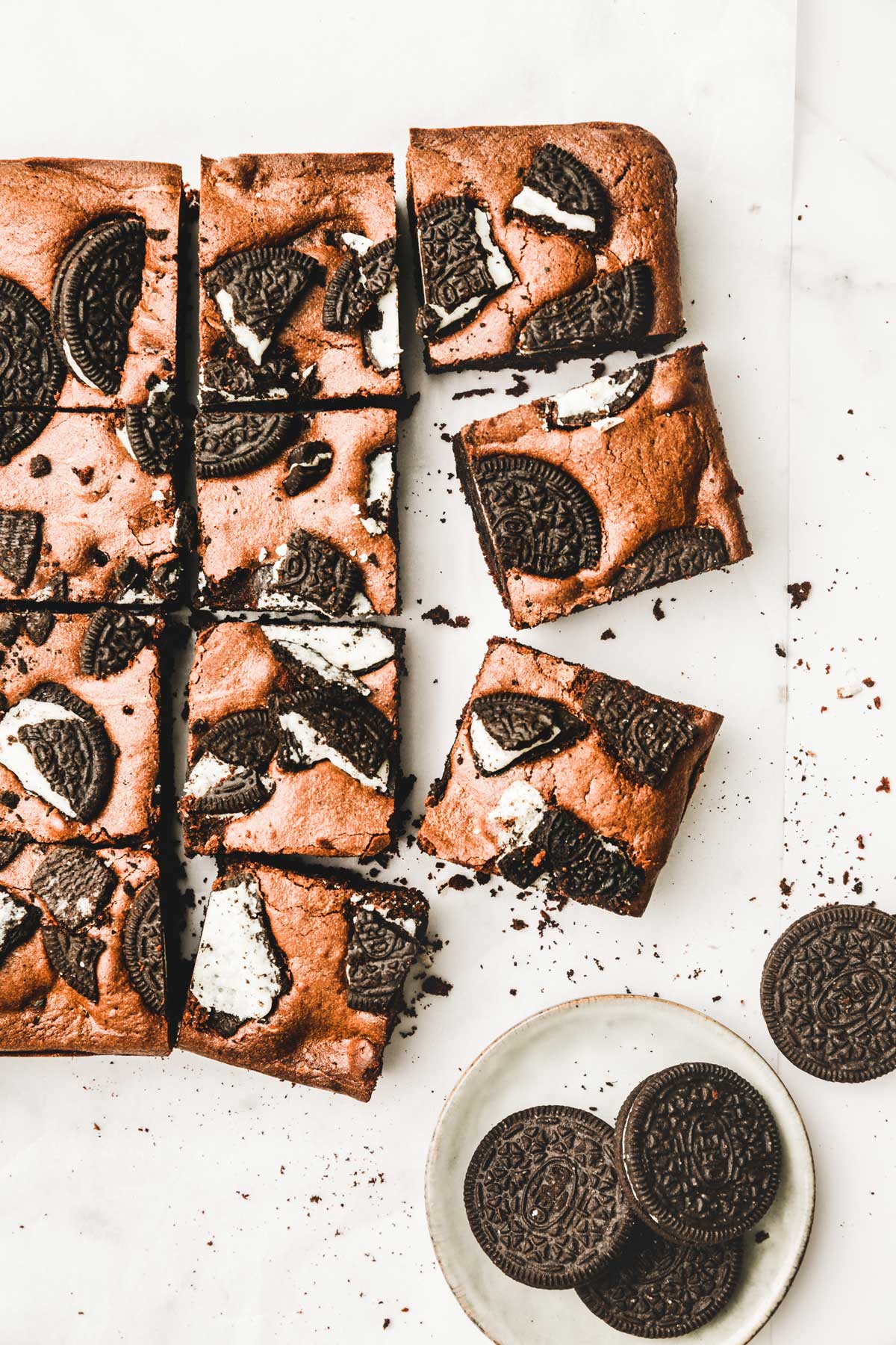 brownies oreo cut in square on a table