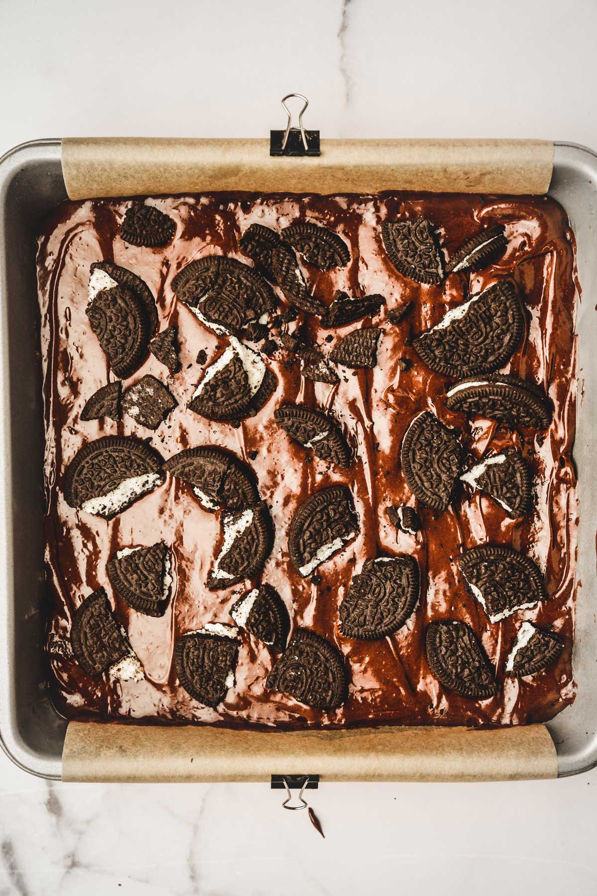 square cake pan with oreo brownie batter