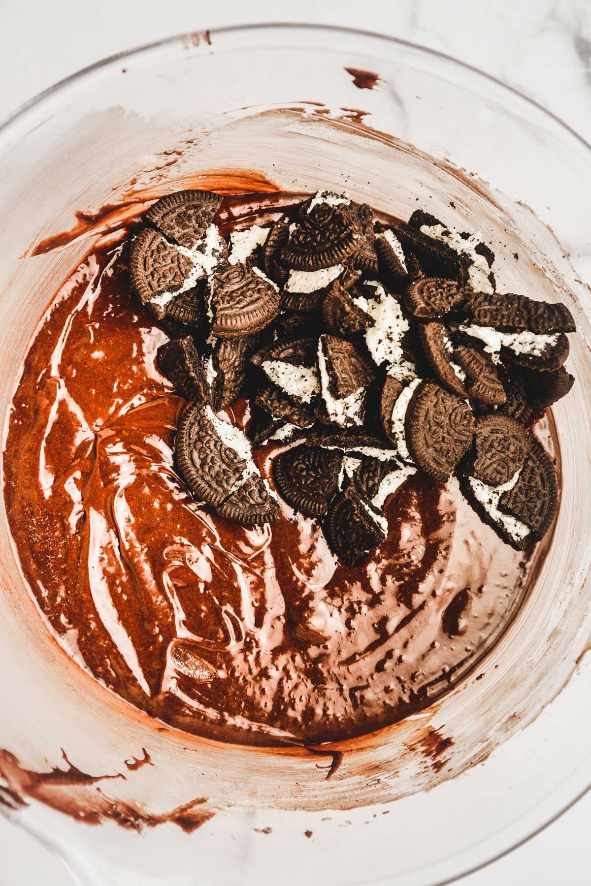 mixing bowl with oreo brownies batter