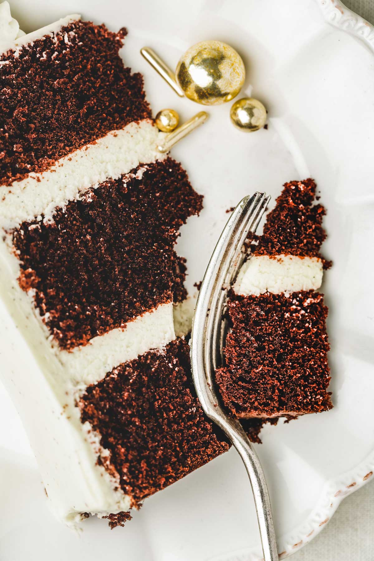 chocolate cake sliced on a plate with a fork