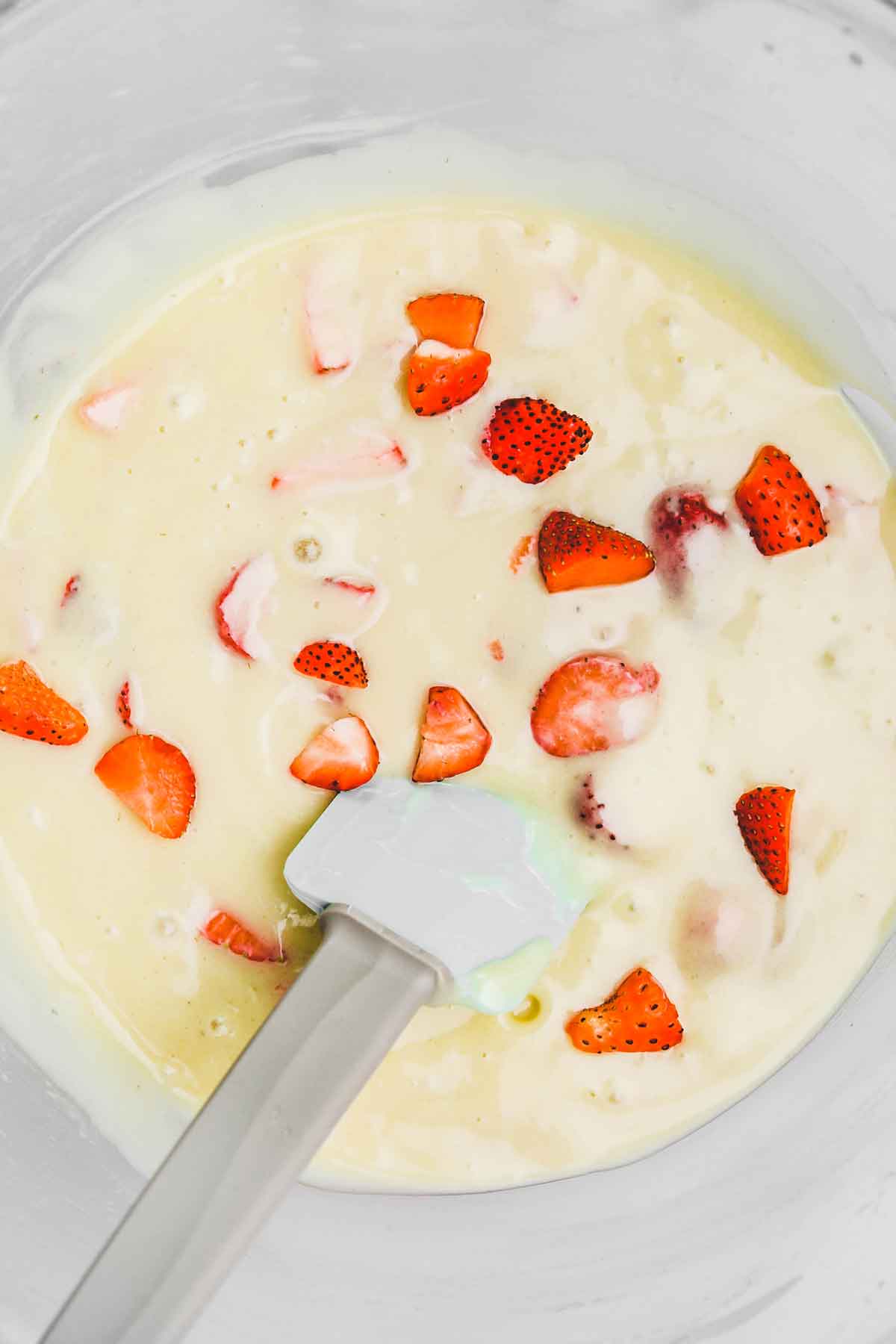 large mixing bowl with cake batter