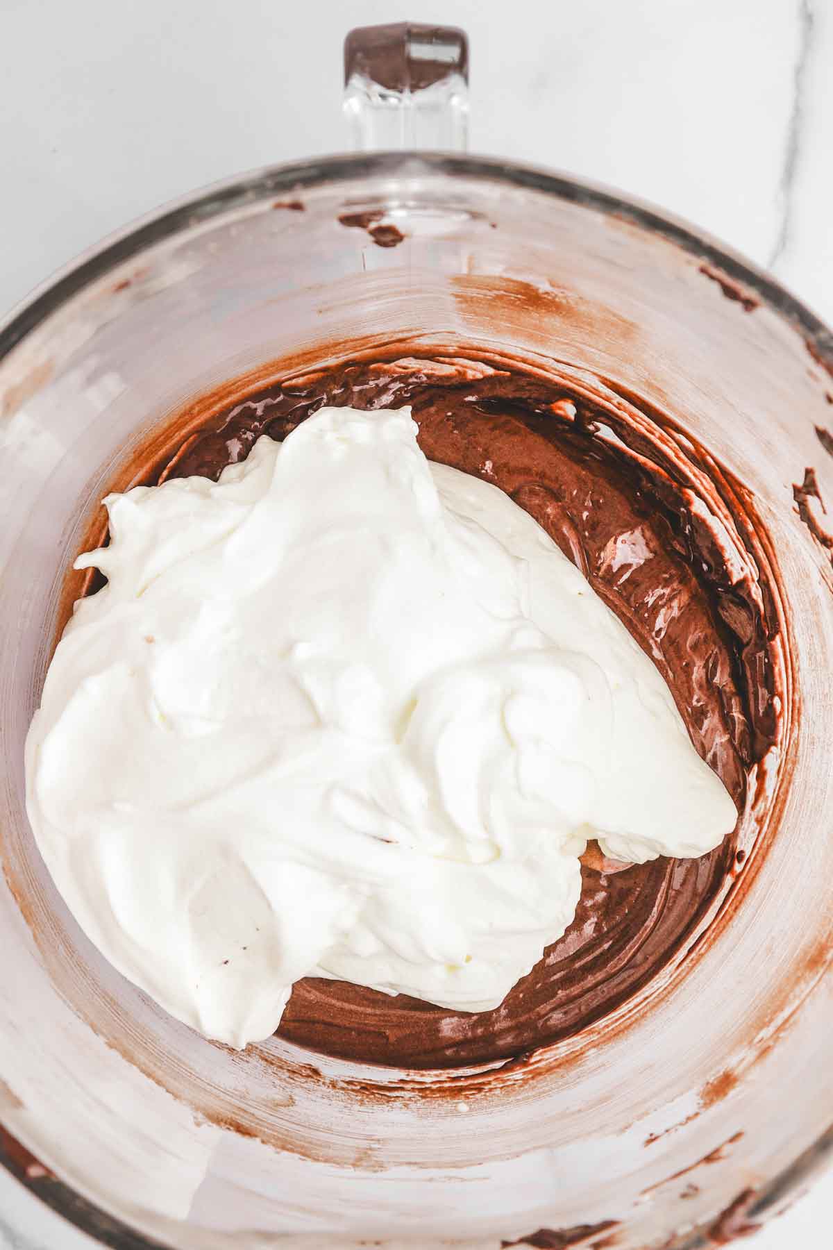 mixing bowl with chocolate batter 