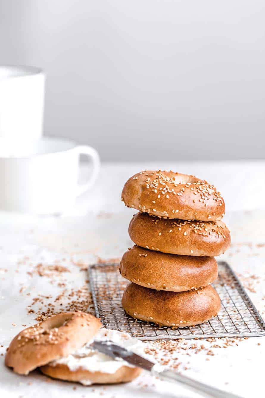 sesame bagel on wire rack