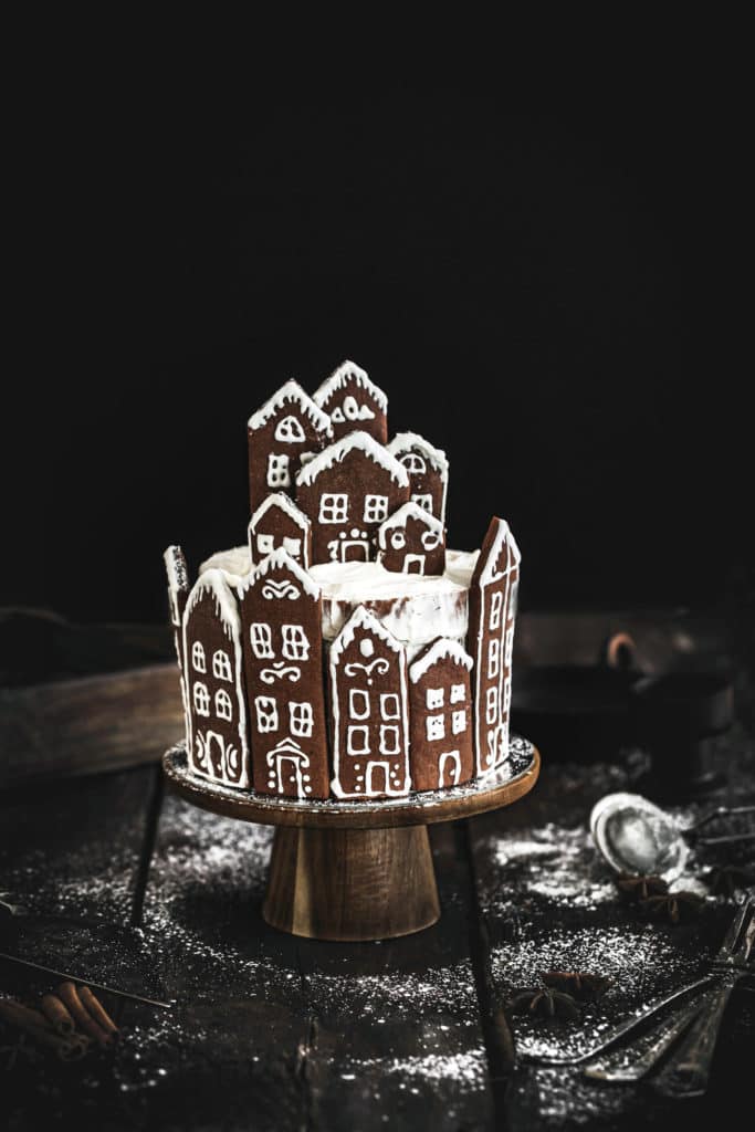 Gingerbread village layer cake