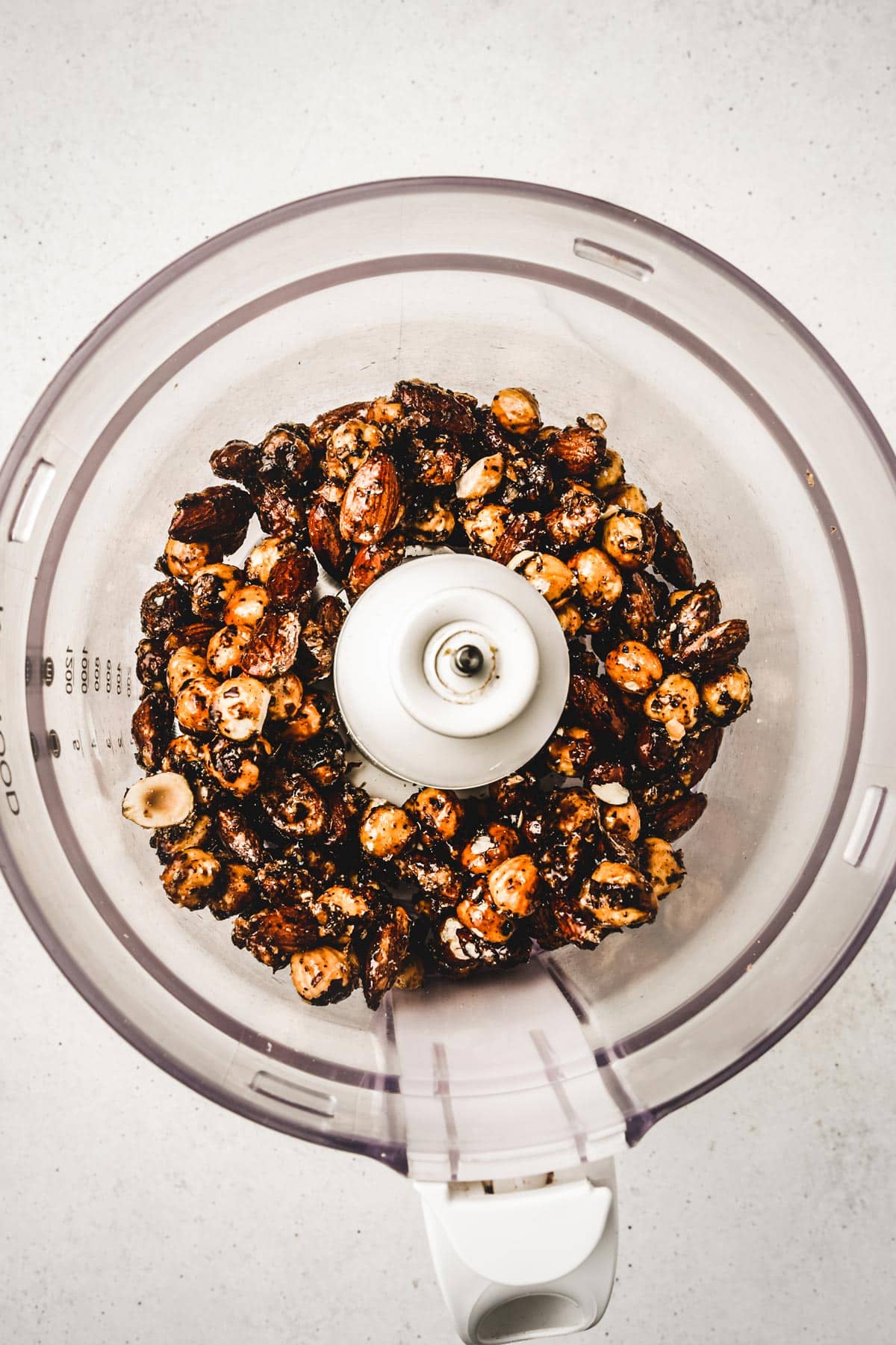 Food processor with caramelized hazelnuts and almonds