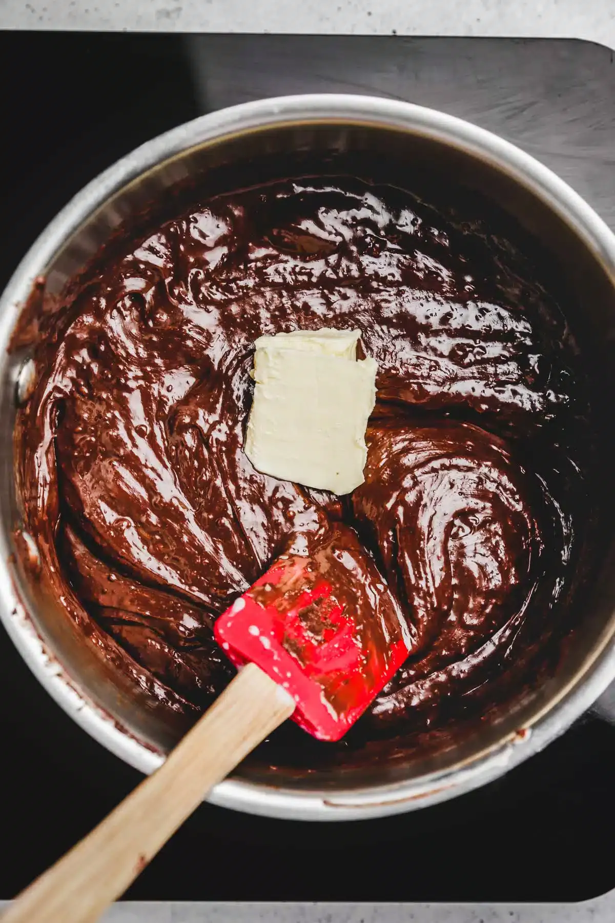 Saucepan with chocolate fudge ingredients