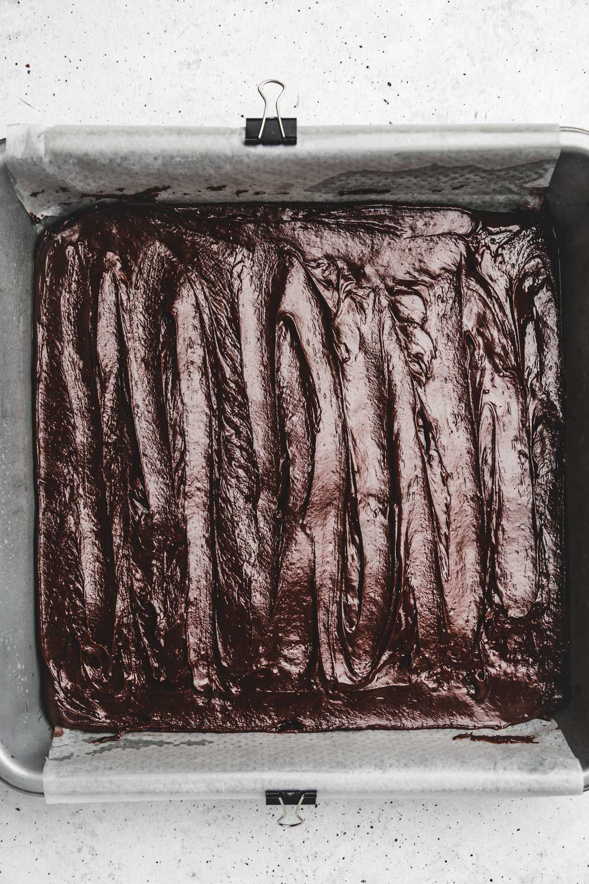 square cake pan with chocolate fudge