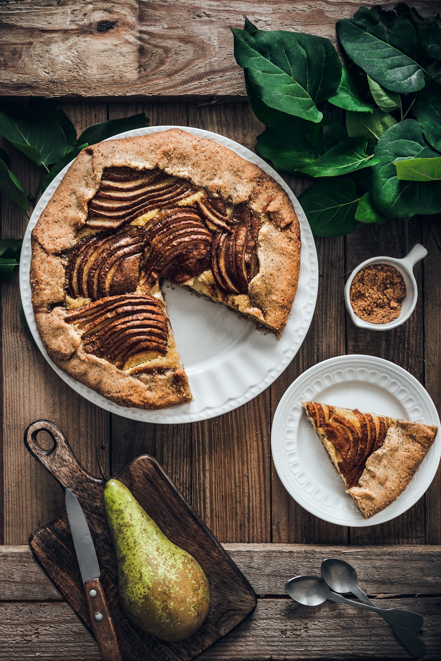 Almond pear galette on a table