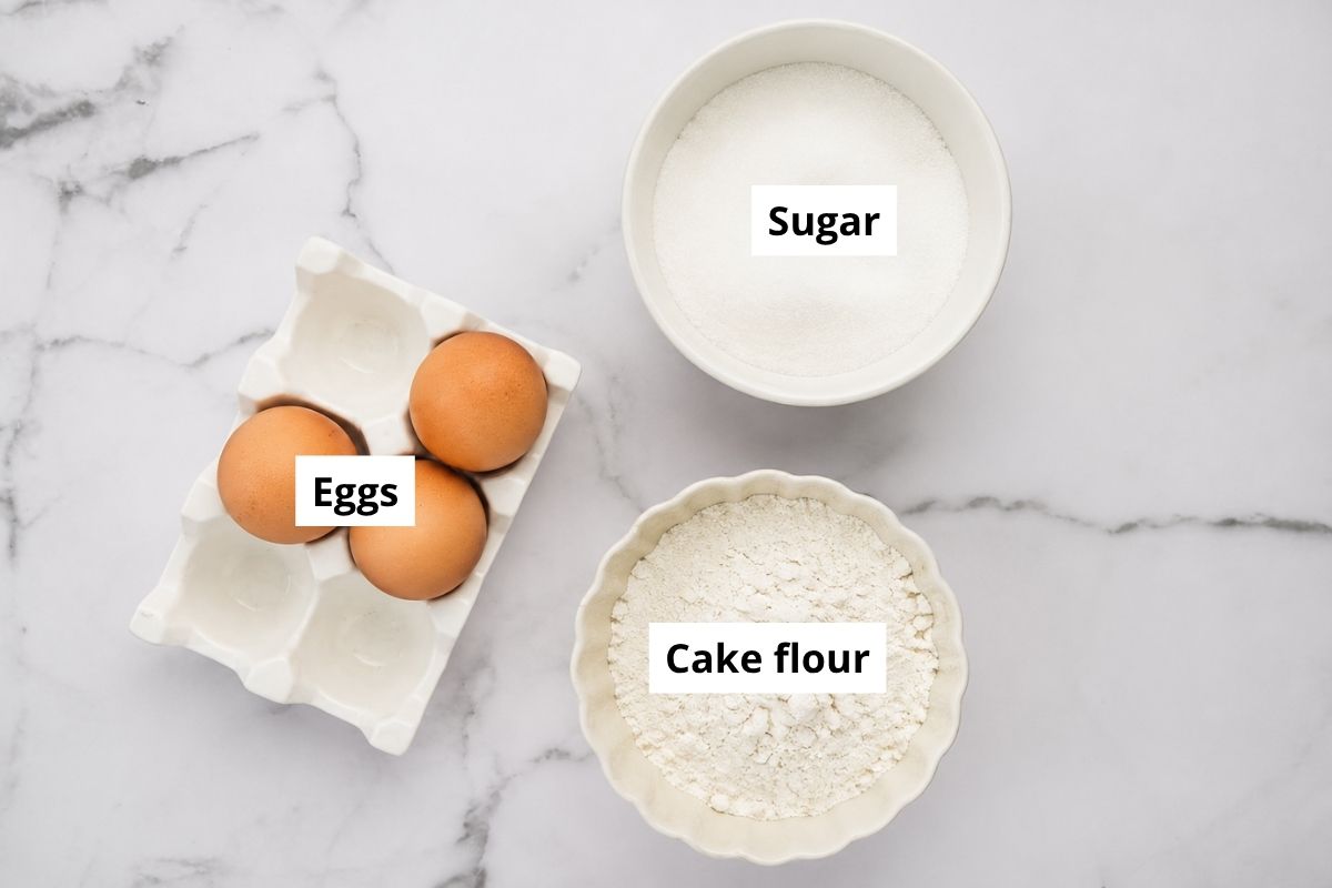 genoise recipe ingredients in a bowls