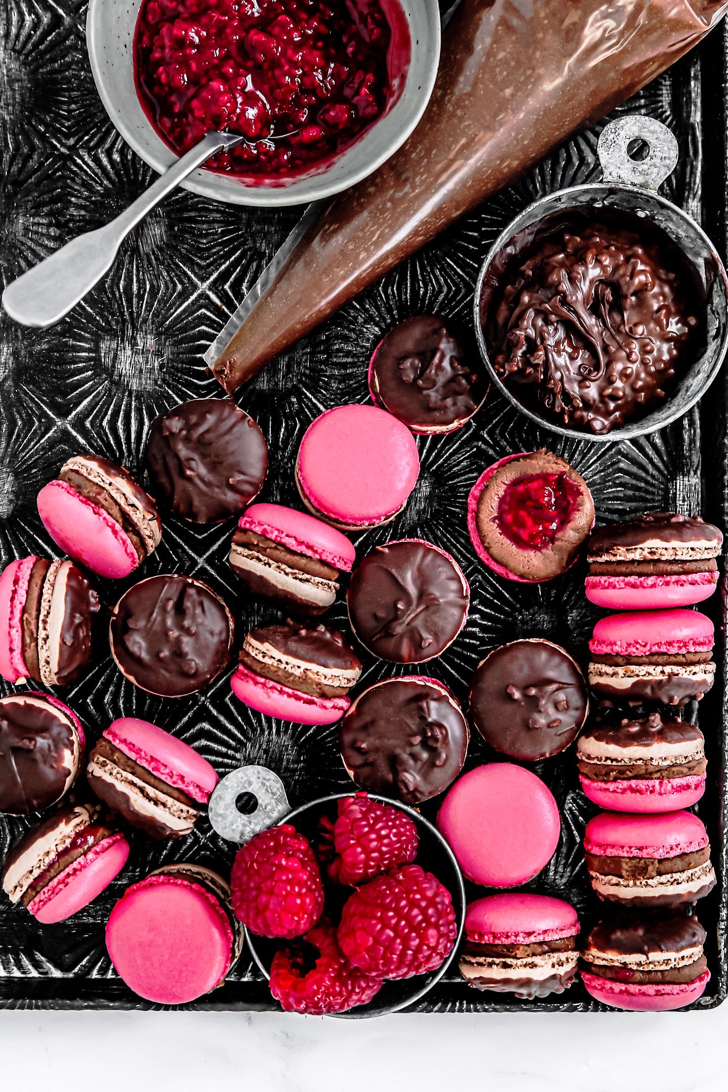 Chocolate raspberry filling macarons recipe