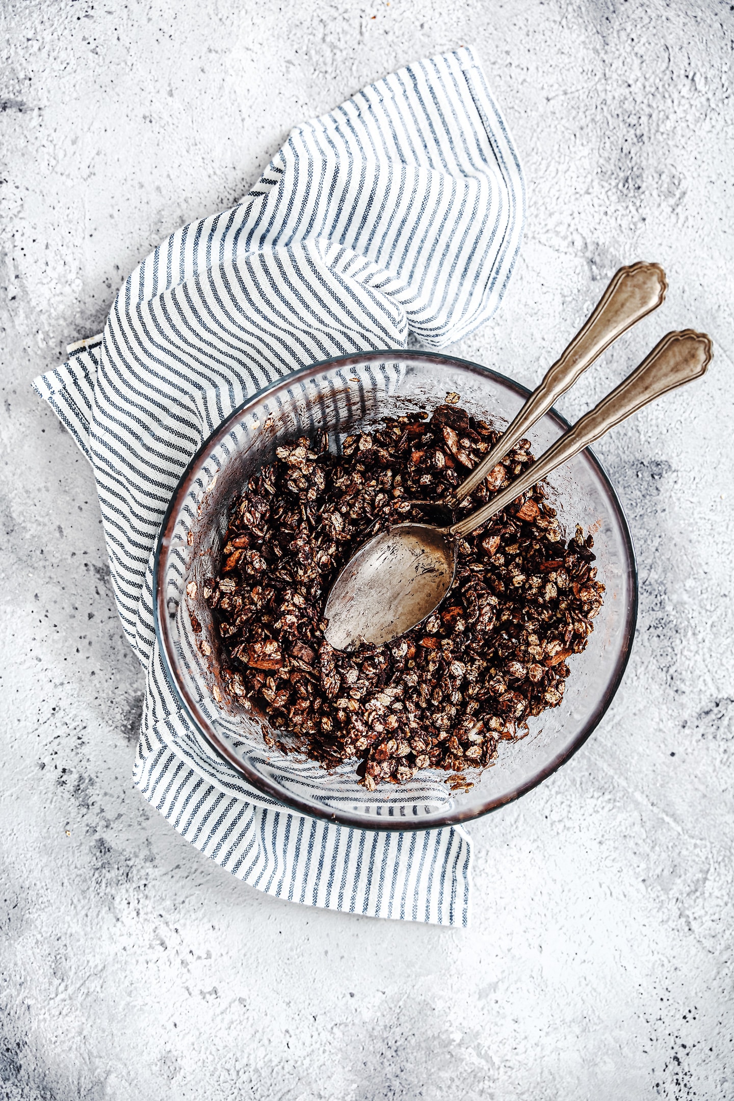 dark chocolate granola mixture on a bowl