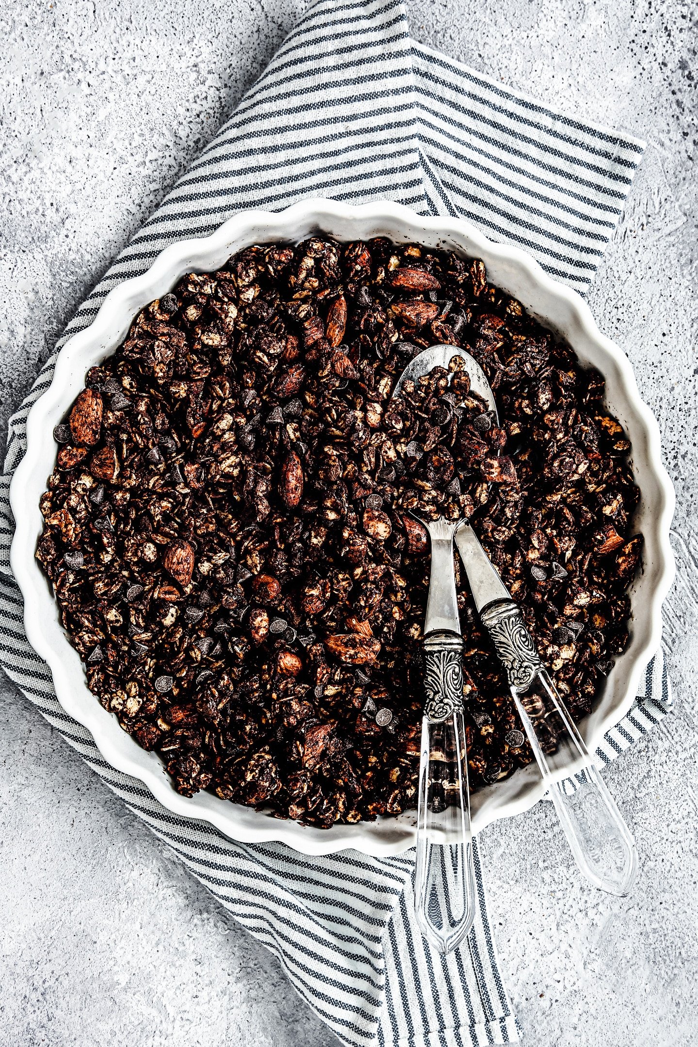 dark chocolate granola on a pie dish