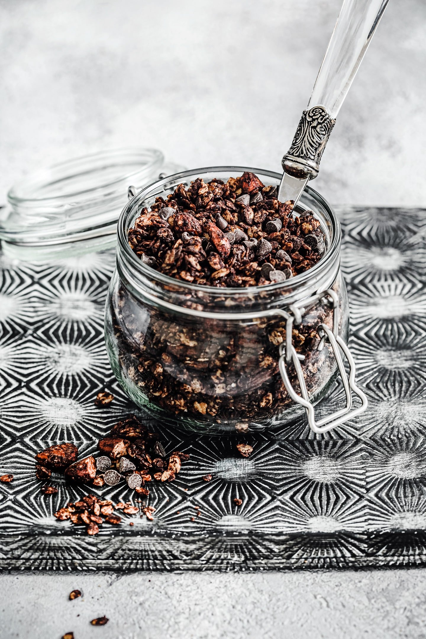 chocolate granola on a jar