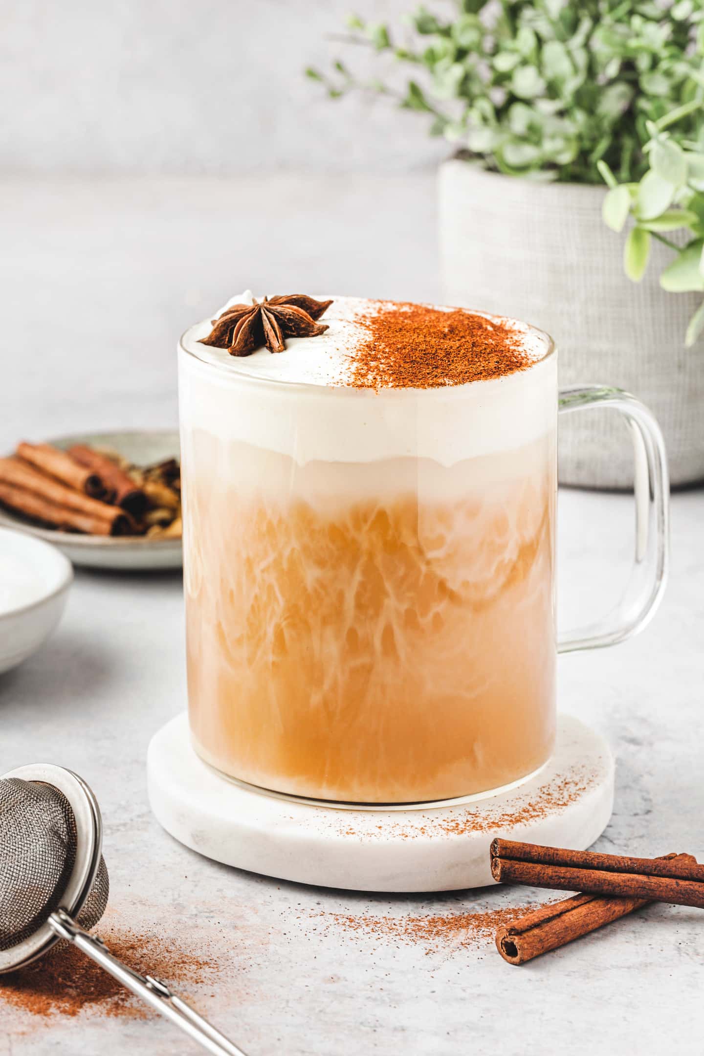 Vanilla chai tea latte recipe on a glass mug