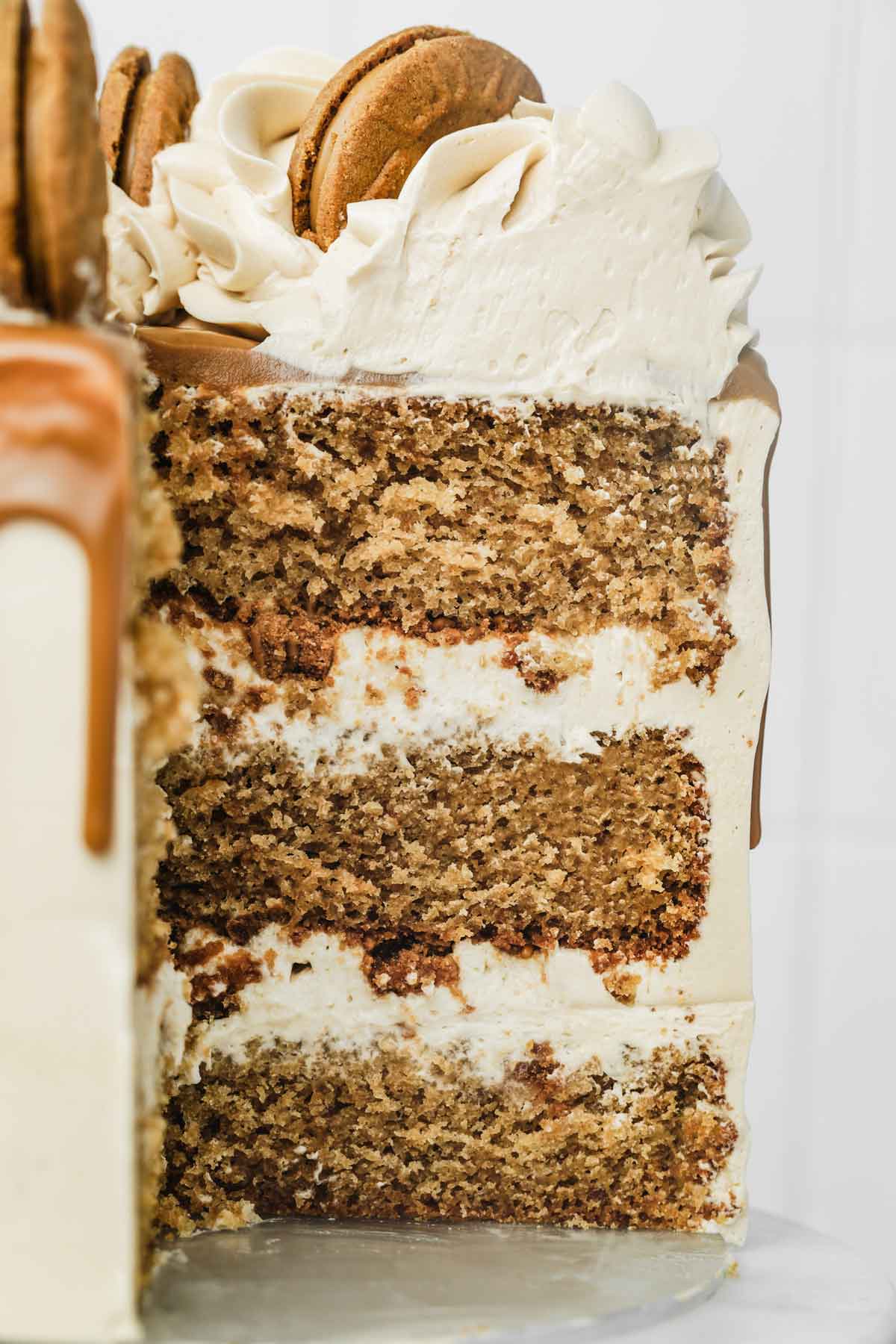 cut biscoff butter cake with layer