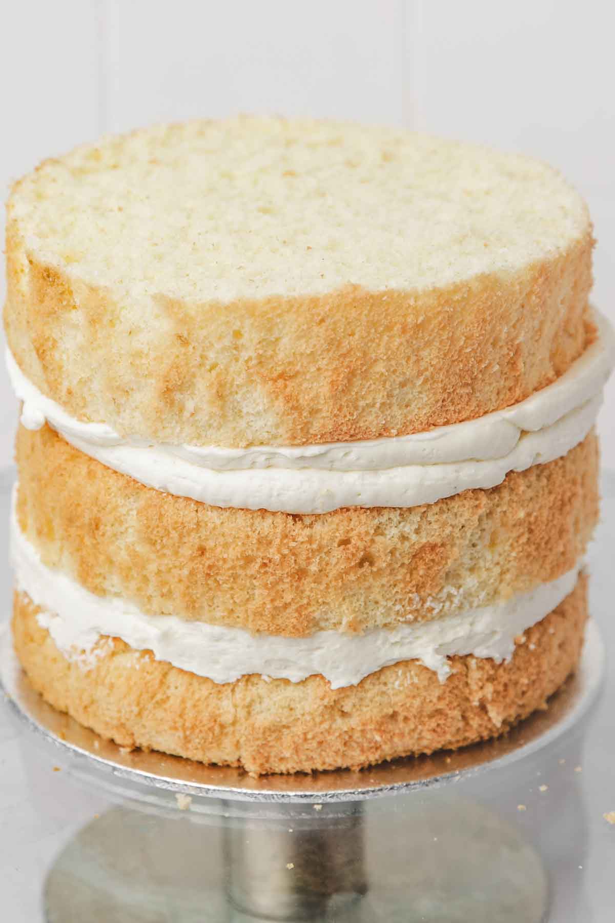 vanilla cake layer on a cake stand