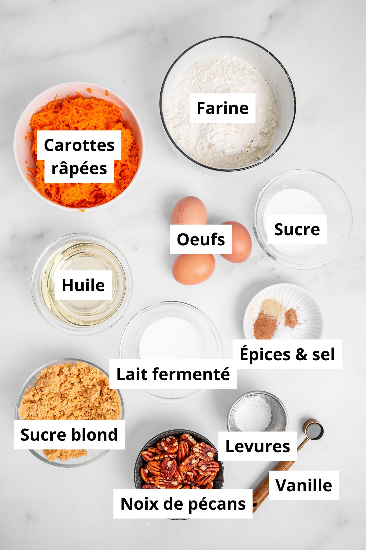 Ingrédients pour préparer un carrot cake maison