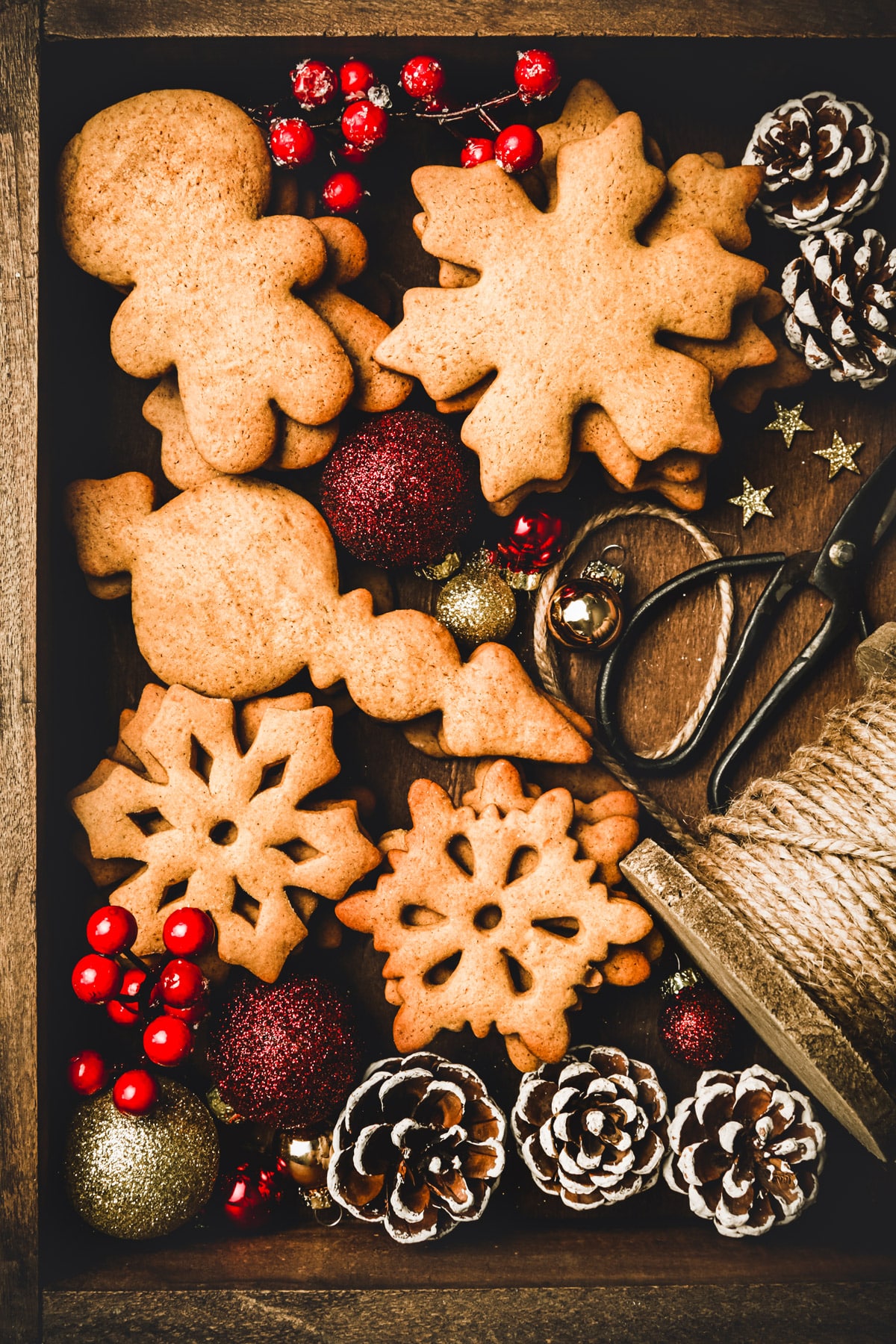 Gingerbread cookies with royal icing on a wood box