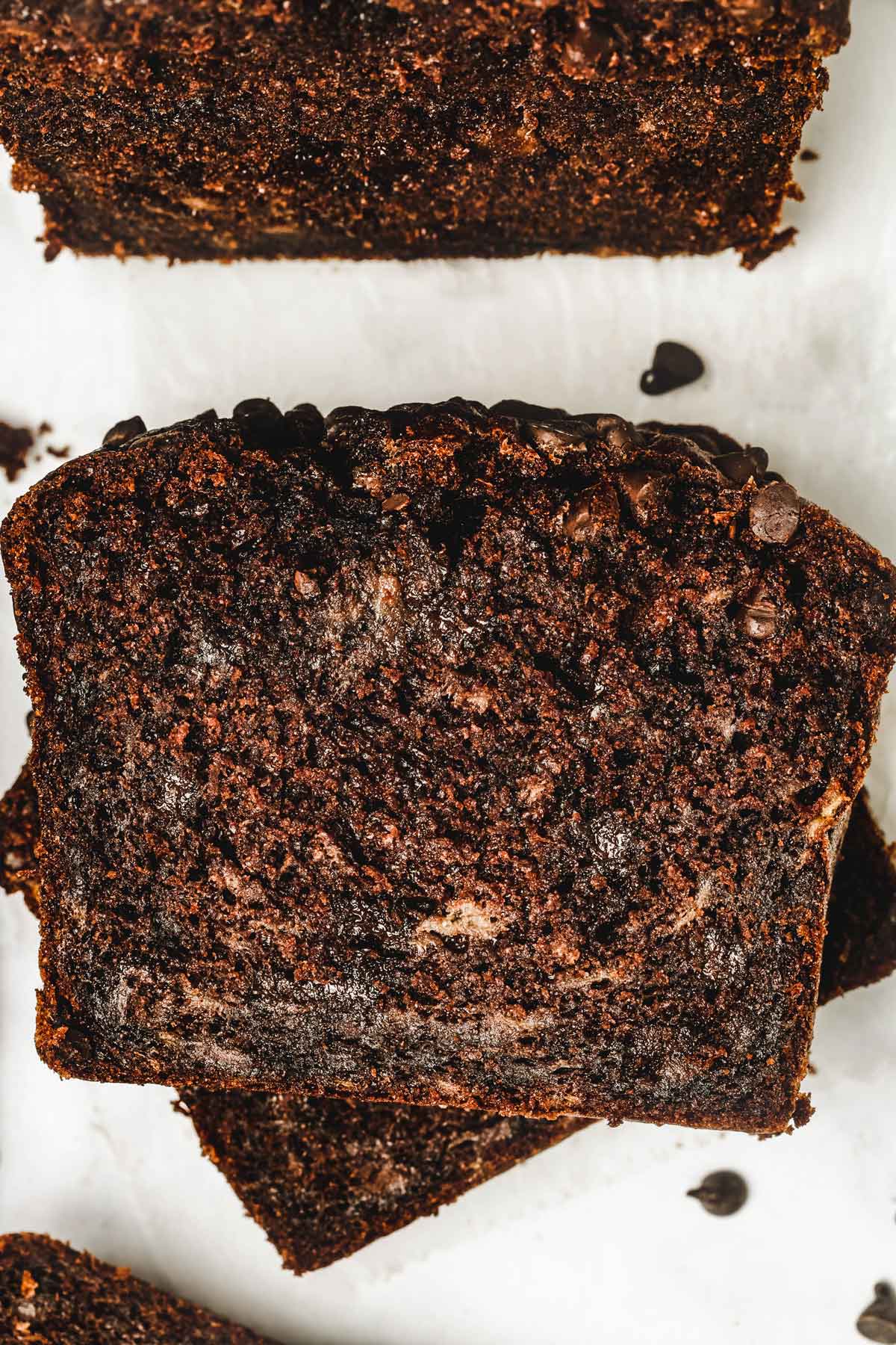 On slice of chocolate banana bread