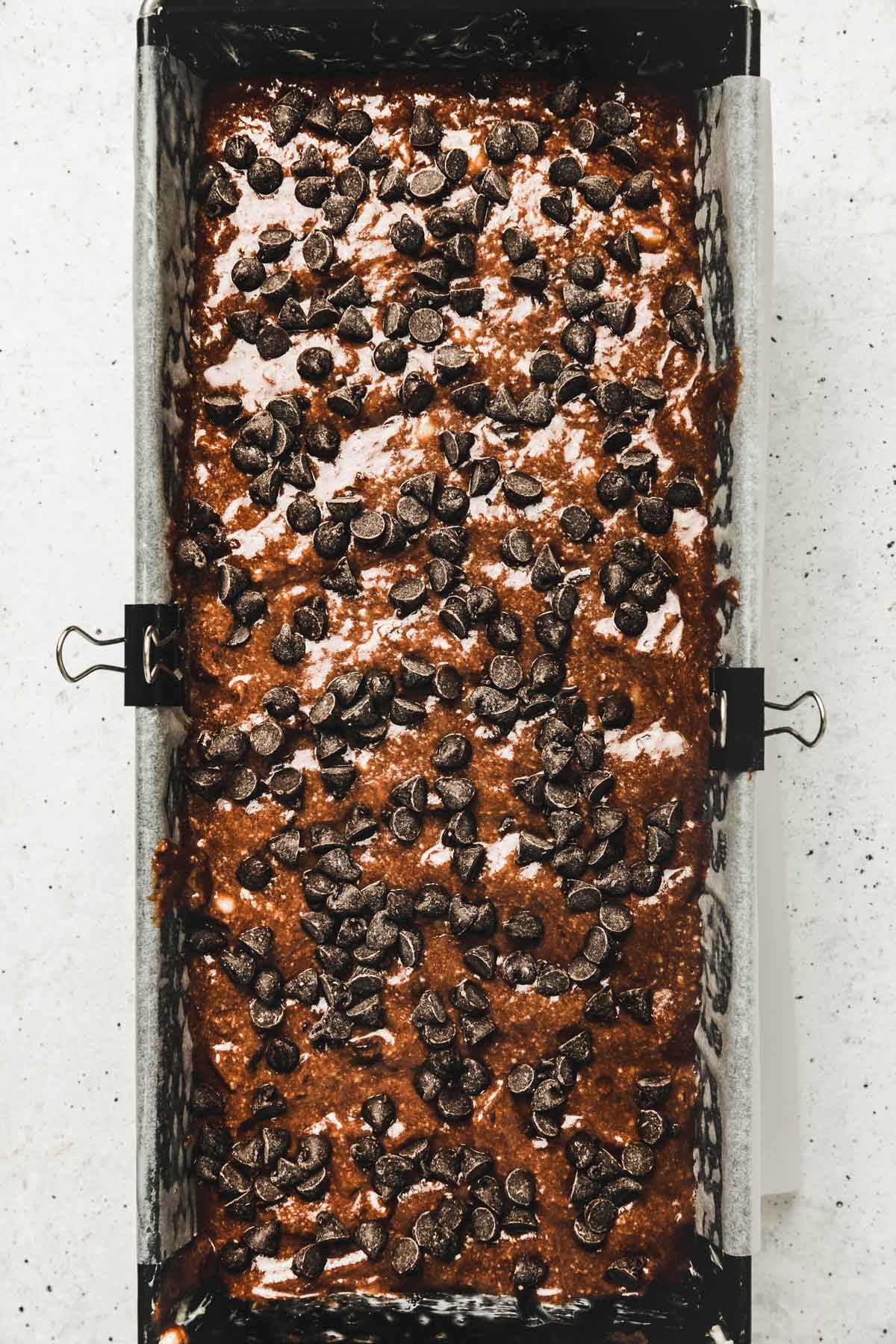 loaf pan with chocolate banana bread