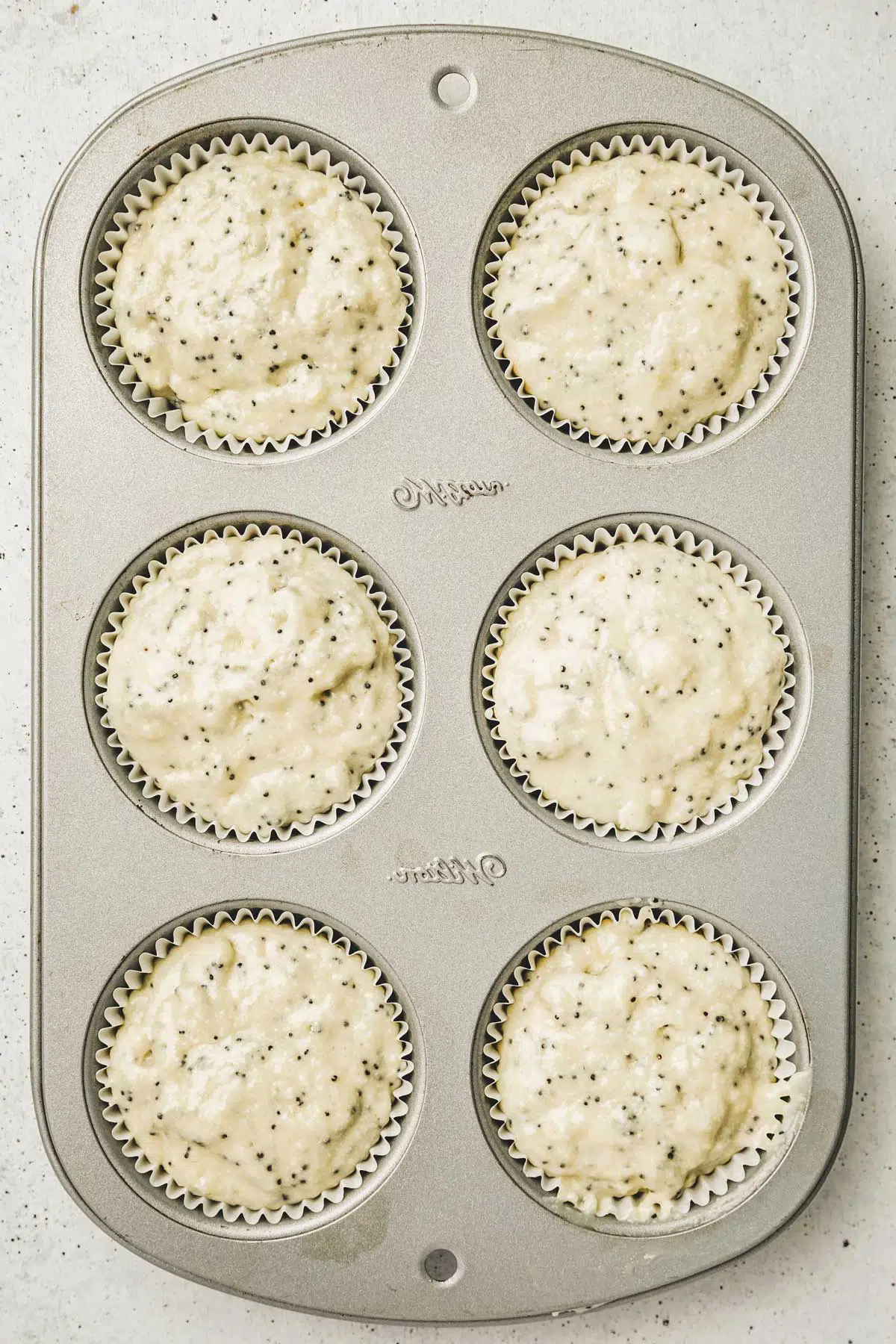 Cupcake mold with lemon poppy seed muffins before baking