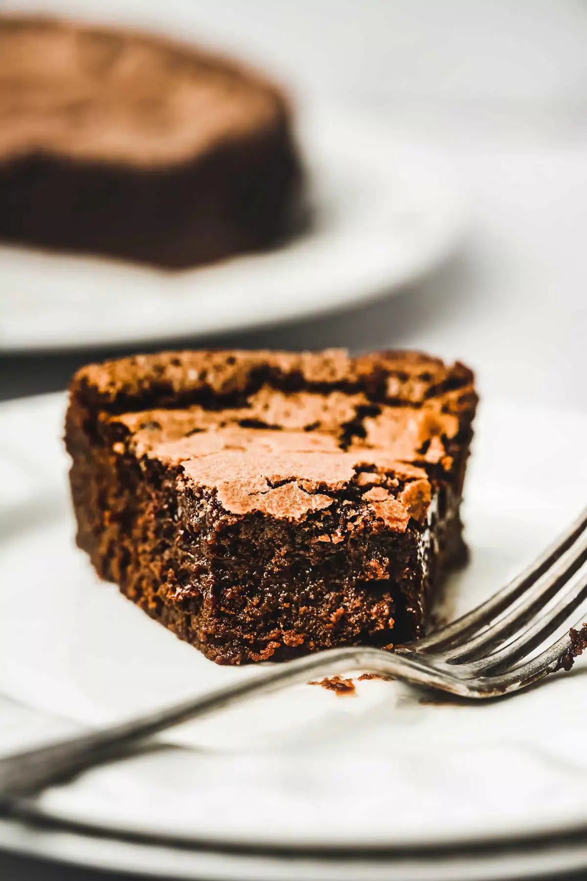 Chocolate cake cut in a plate with a fork