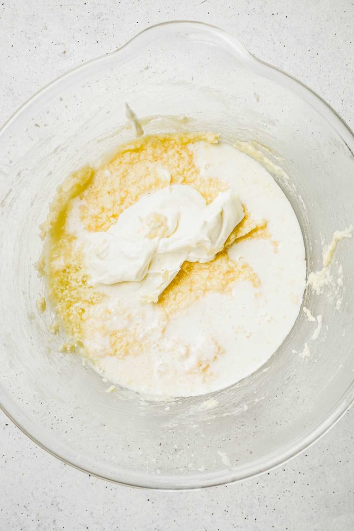 Large bowl with lemon muffin ingredients