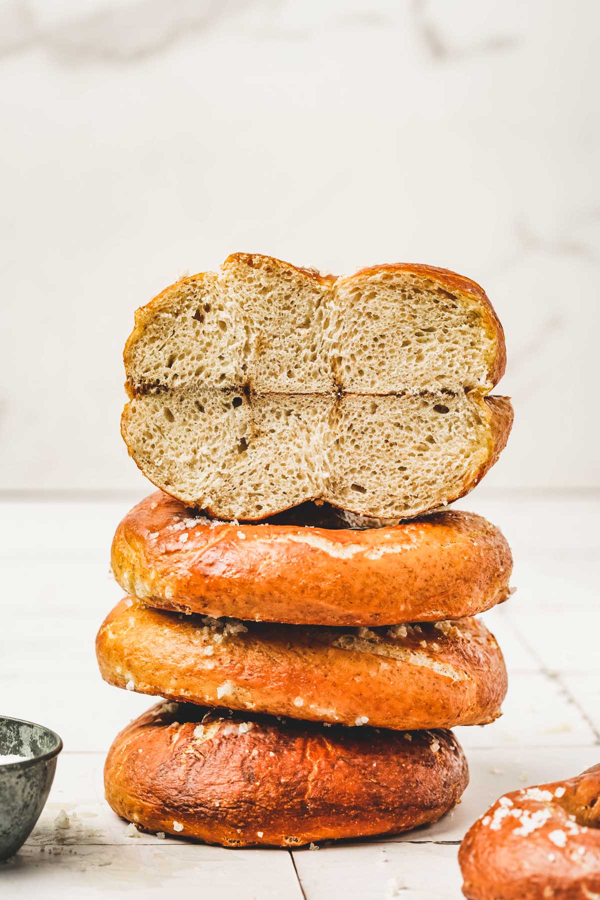 German soft pretzels cut in half