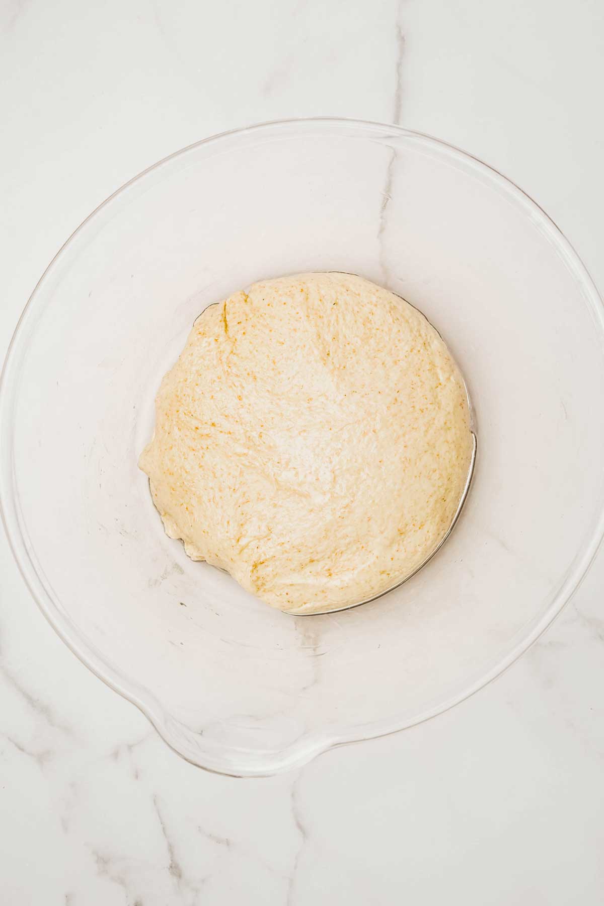 Large mixing bowl with pretzel dough