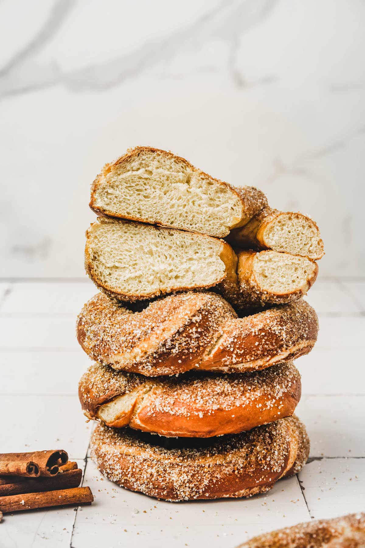 Cinnamon pretzels cut in half