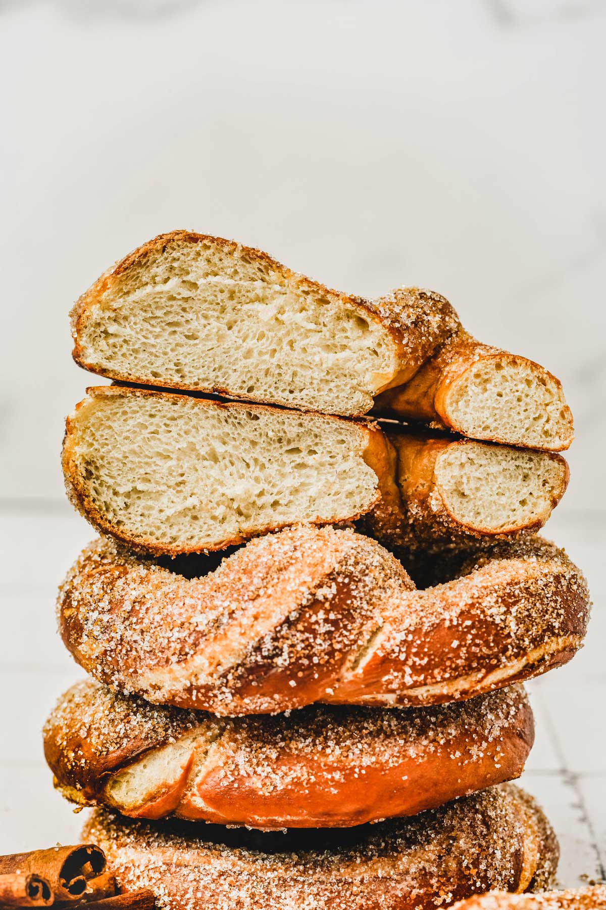 Cinnamon sugar pretzel cut in half