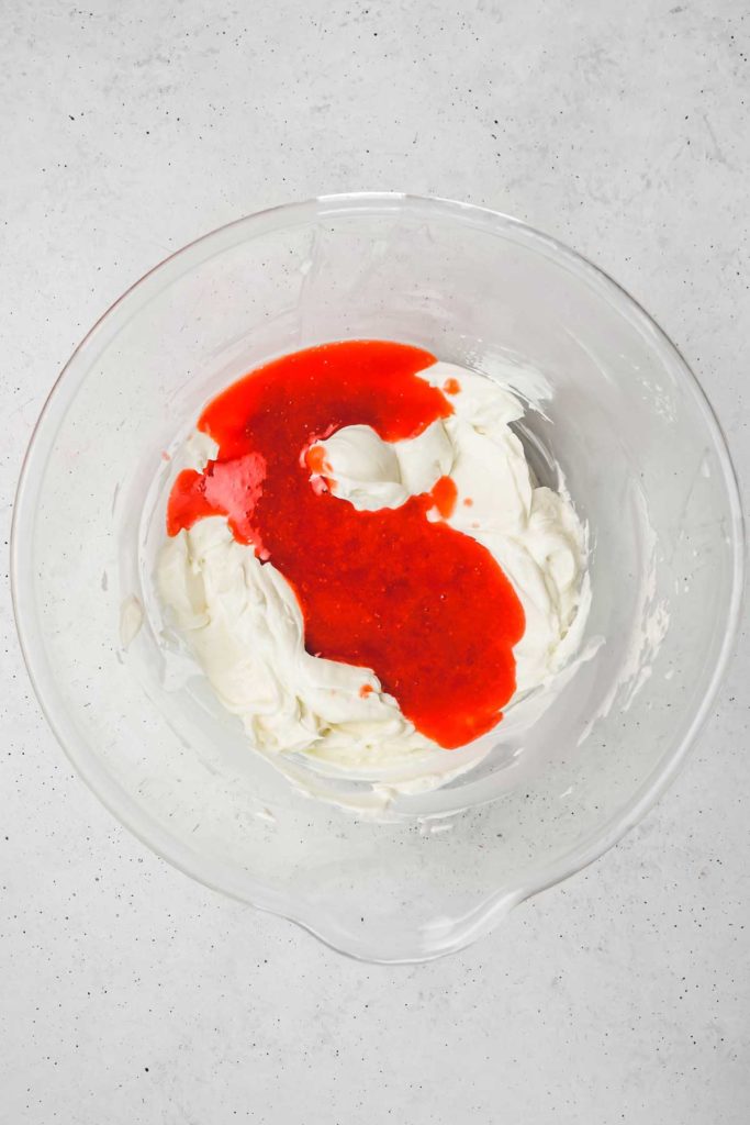 Large bowl with ingredients and strawberry puree