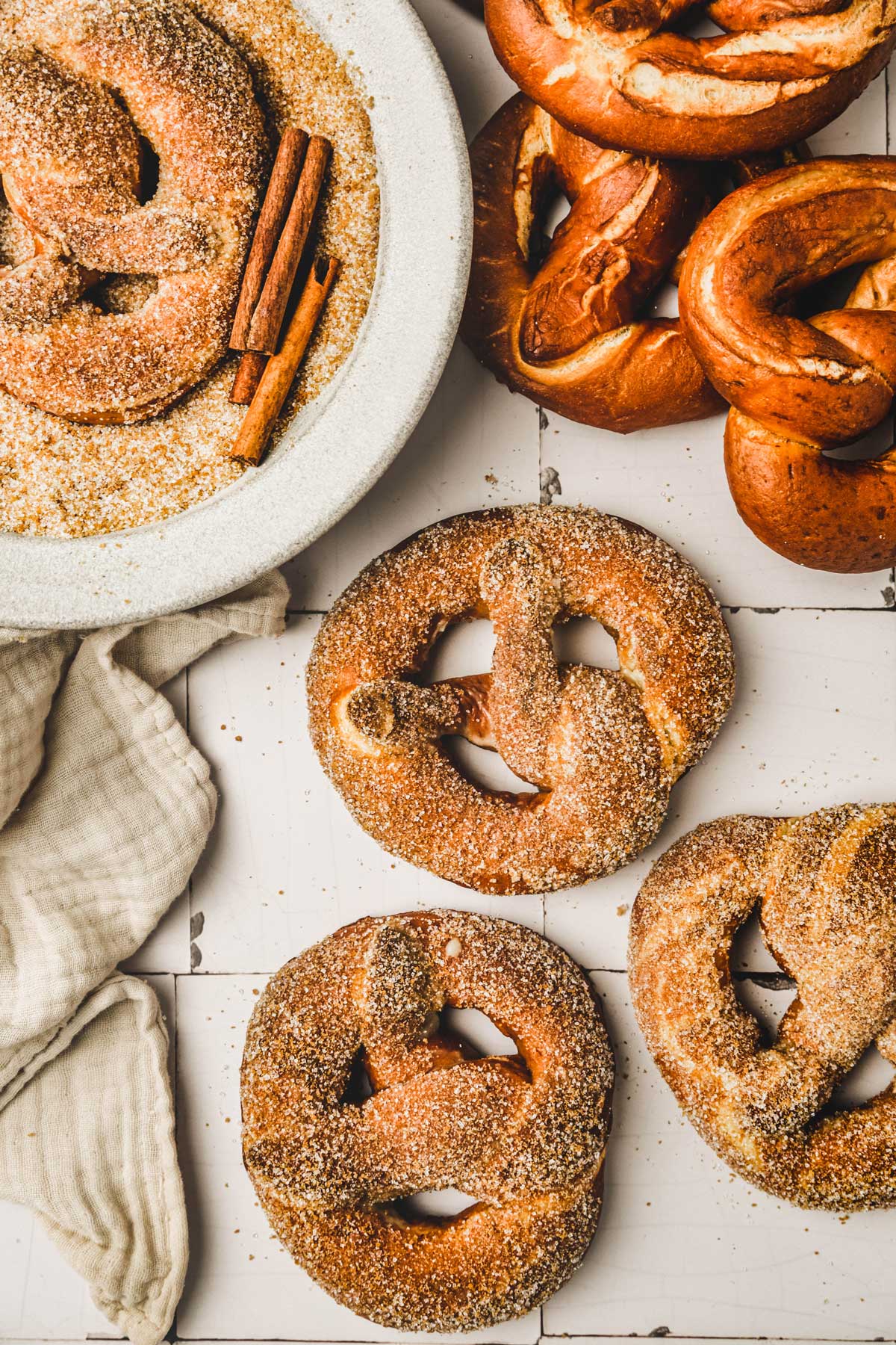 Cinnamon sugar pretzel on a table