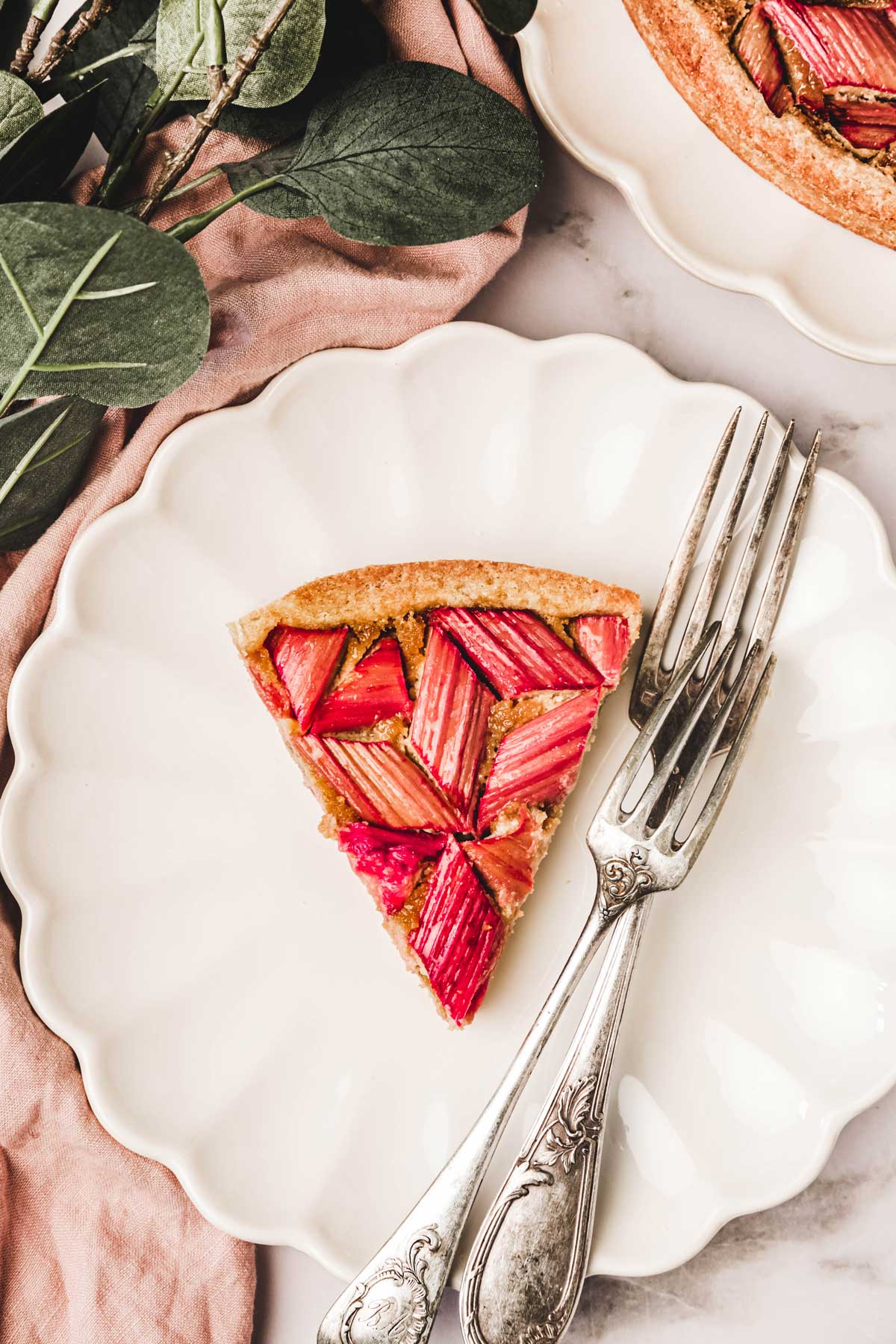 sliced rhubarb tart on a plate