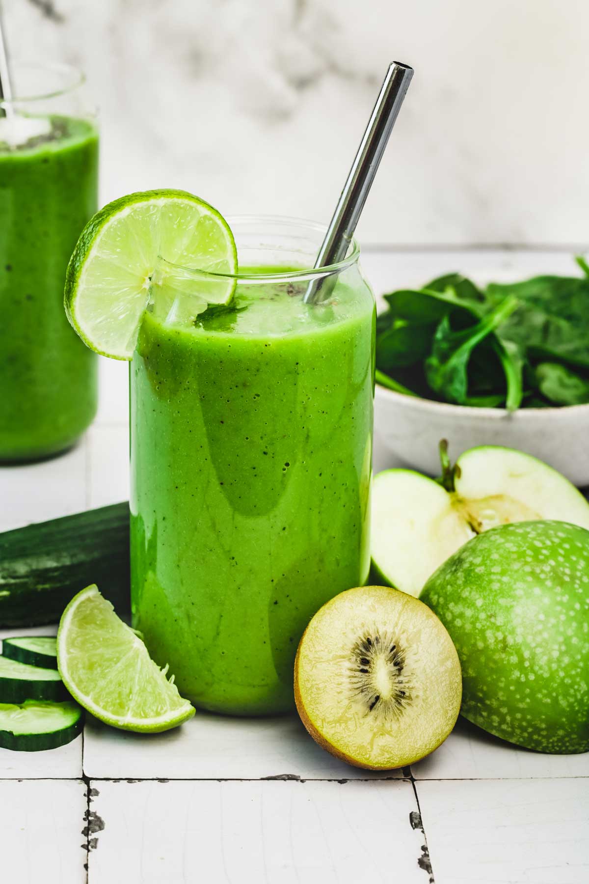 Glass of green smoothie on a table