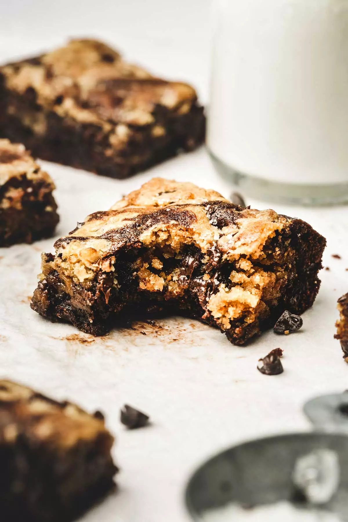 Gooey homemade brookie slice on table