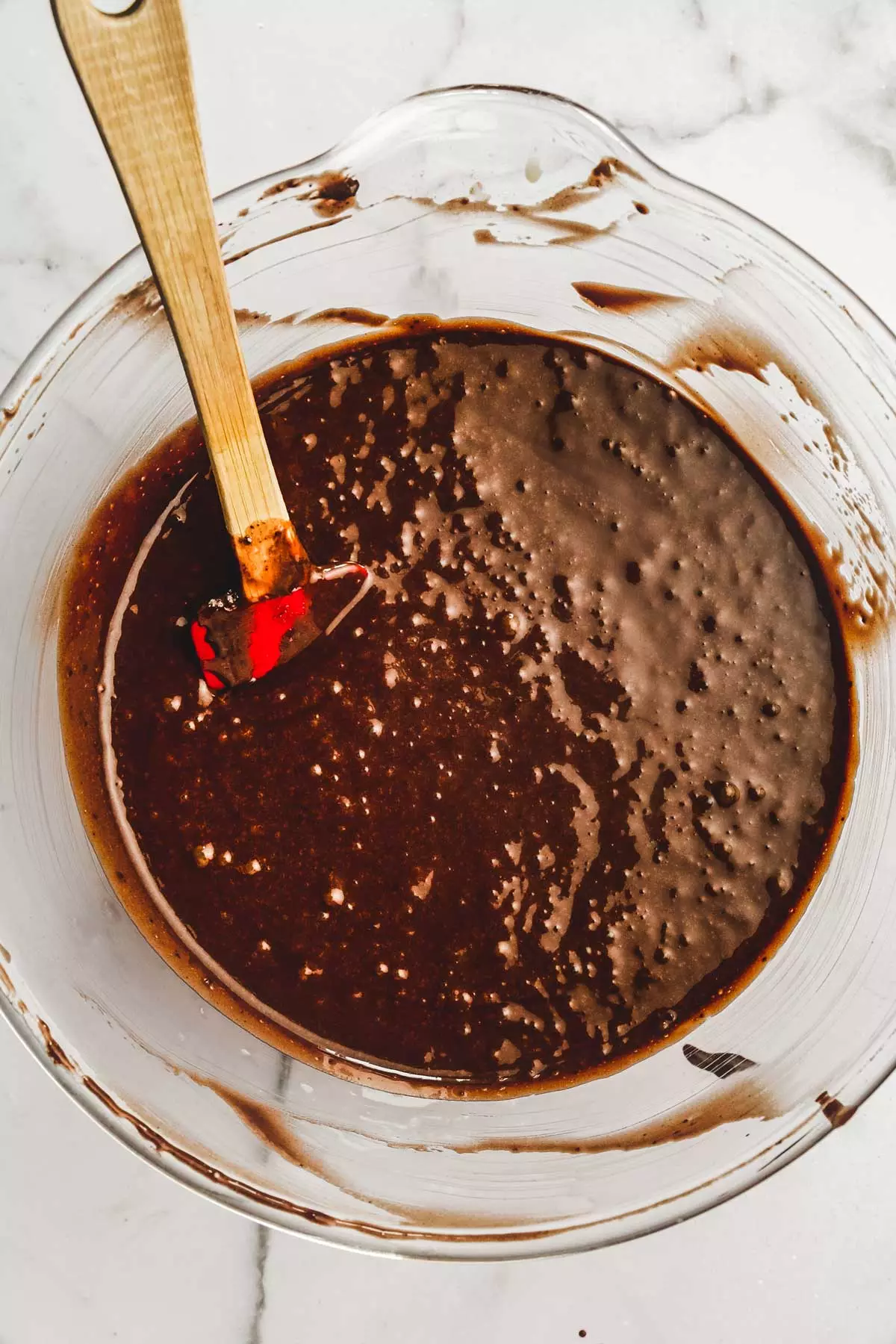 large bowl with chocolate batter mixture