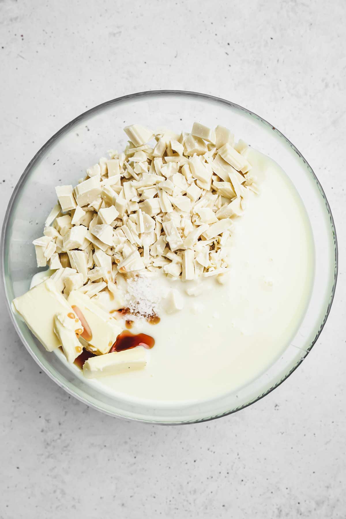 Medium bowl with chopped white chocolate and sweetened condensed milk
