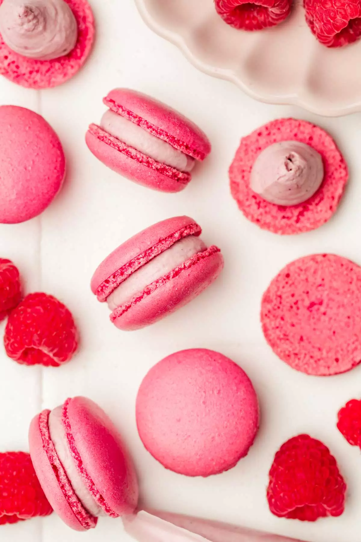 filled raspberry macaron with smooth shell and fruity center