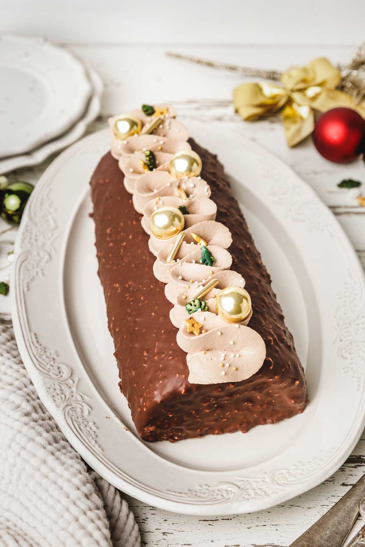 Chocolate Yule Log (Christmas Roll) with Chocolate Rocher Glaze