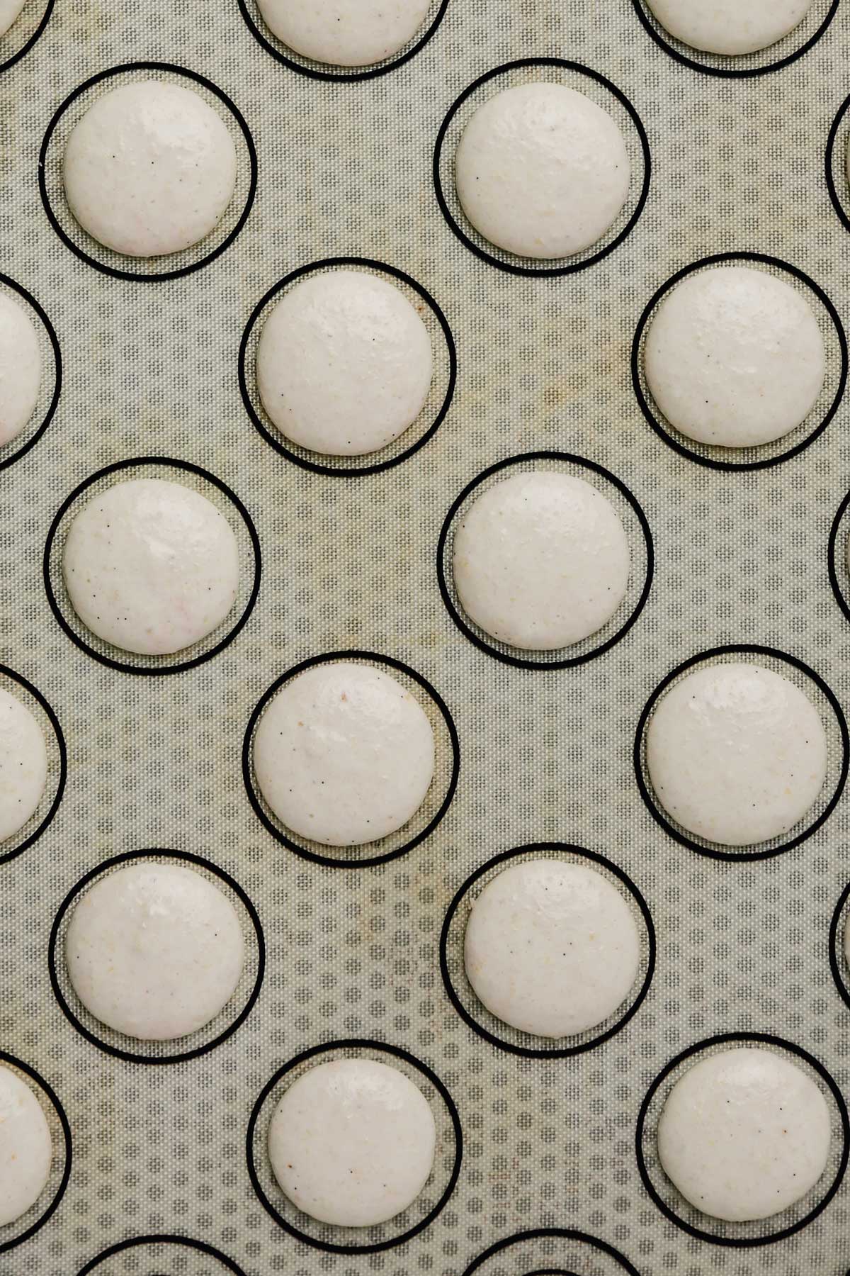 piped vanilla macarons on baking mat
